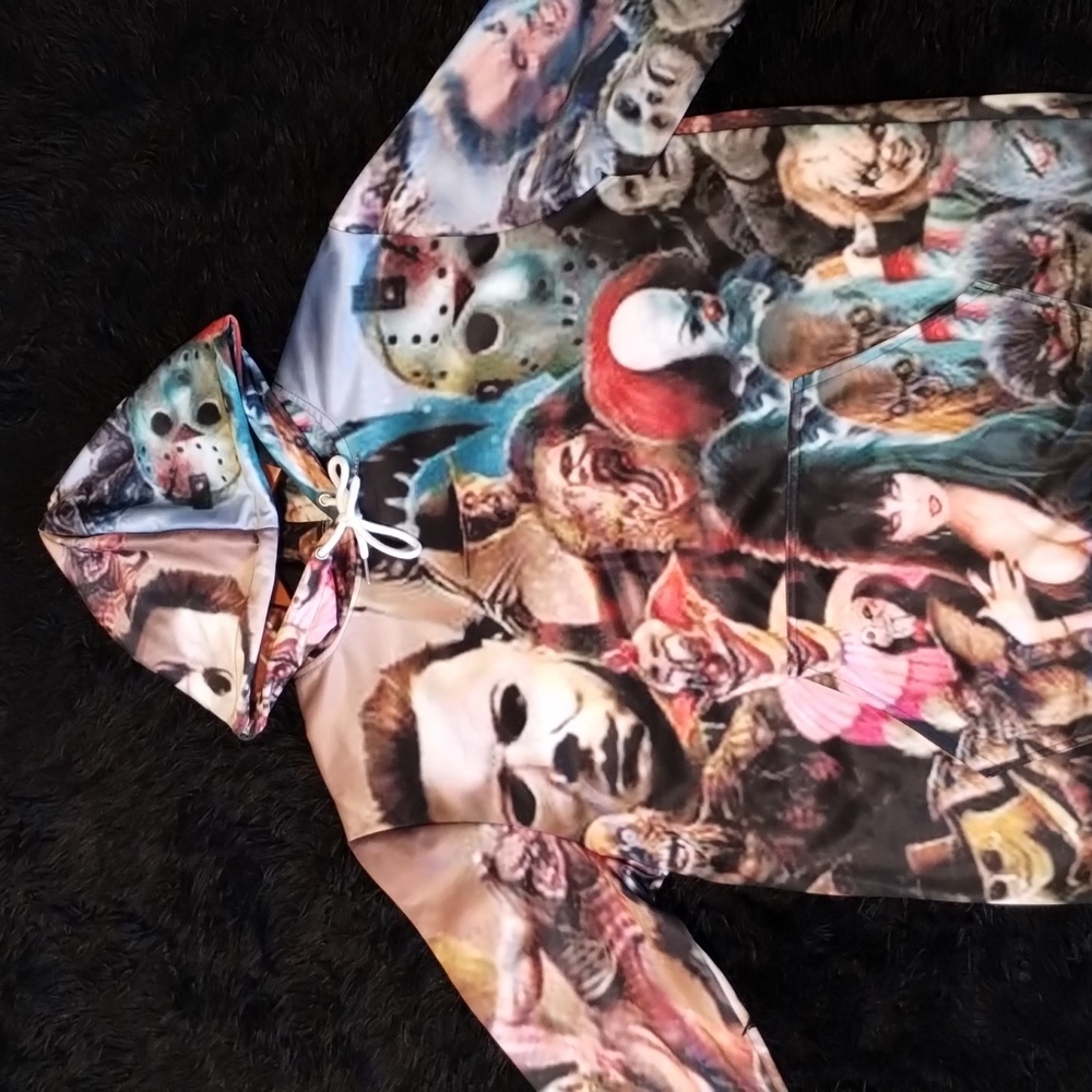 Horror movie villain tribute unisex hoodie for male or female in size Large.